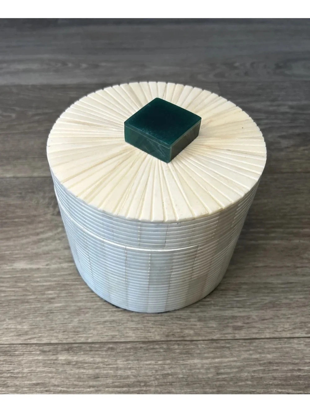 Vintage Indian Bone Tile Trinket Box White Sunburst Green Finial 5”